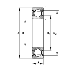 深沟球轴承 61907-2Z, 根据 DIN 625-1 标准的主要尺寸, 两侧间隙密封