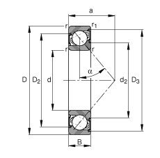 角接触球轴承 7306-B-2RS-TVP, 根据 DIN 628-1 标准的主要尺寸，接触角 α = 40°，两侧唇密封